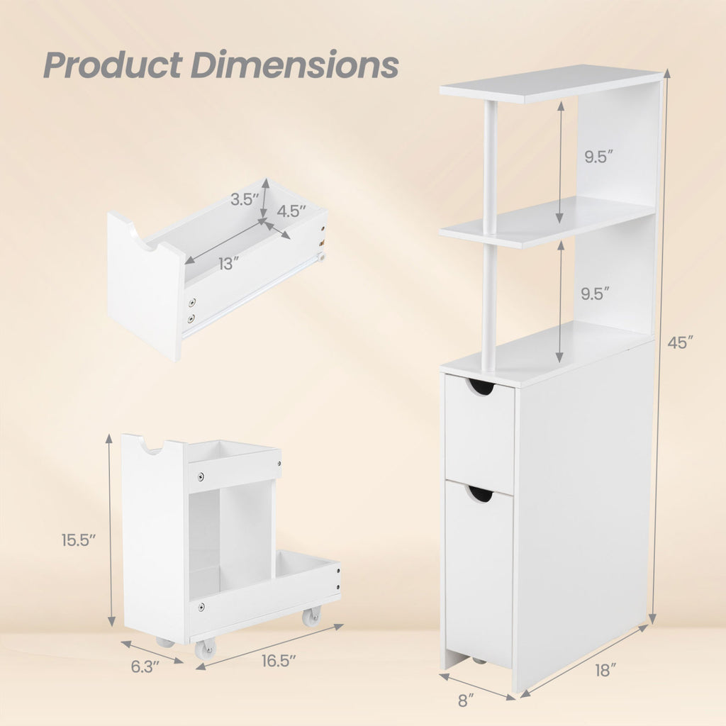 Slim Bathroom Storage Cabinet, 45 Inch H, 2 Drawers & Open Shelves, White