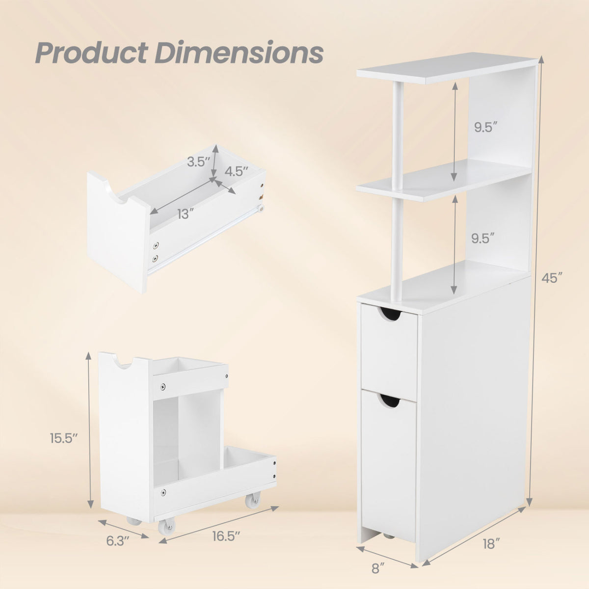Slim Bathroom Storage Cabinet, 45 Inch H, 2 Drawers & Open Shelves, White