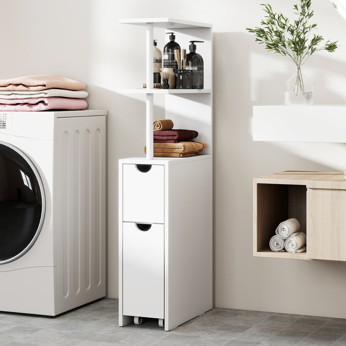 Slim Bathroom Storage Cabinet, 45 Inch H, 2 Drawers & Open Shelves, White