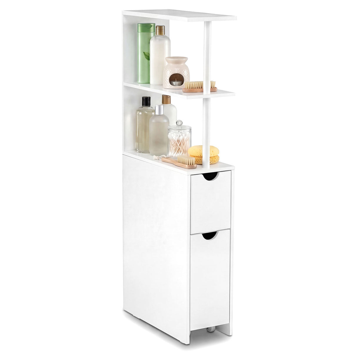 Slim Bathroom Storage Cabinet, 45 Inch H, 2 Drawers & Open Shelves, White
