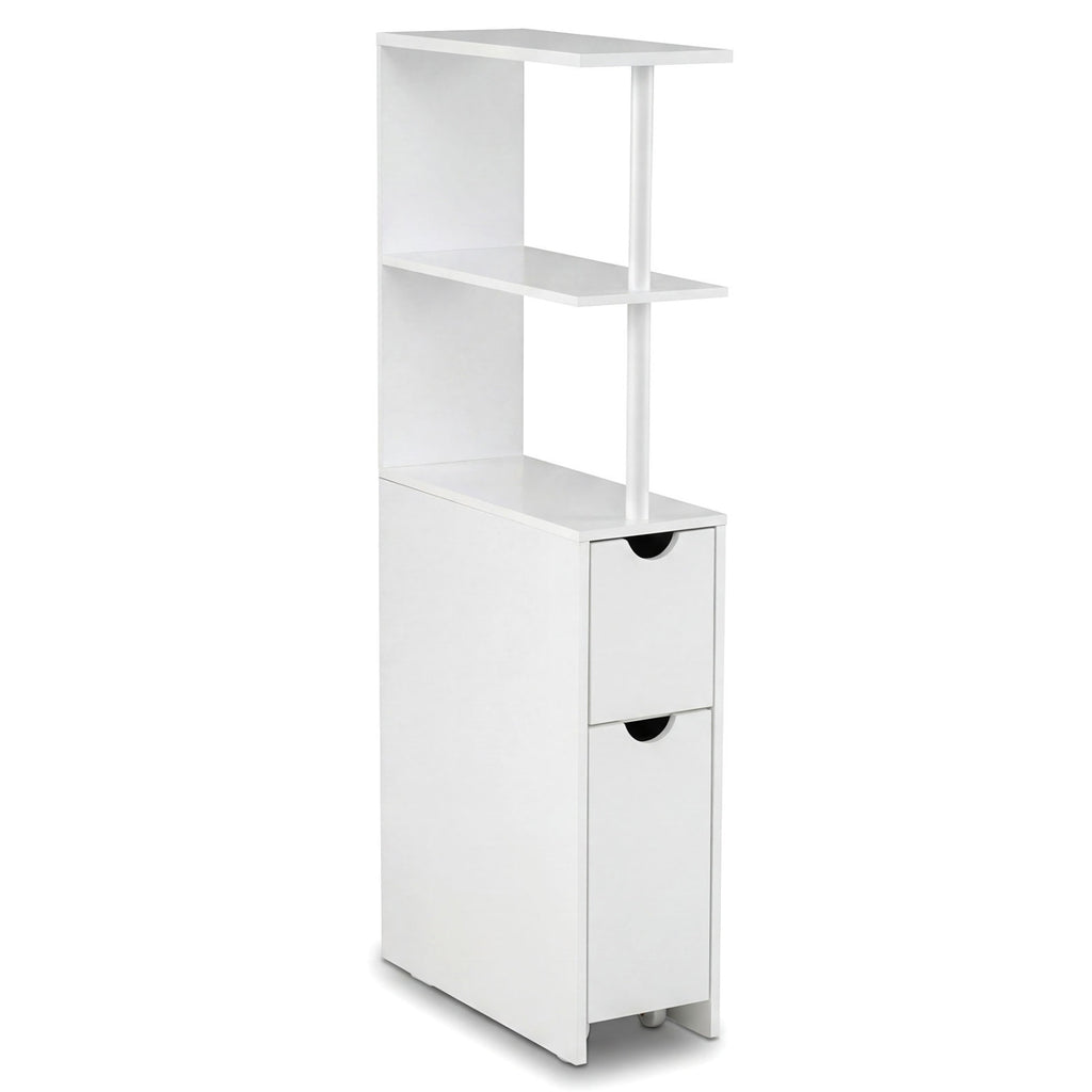 Slim Bathroom Storage Cabinet, 45 Inch H, 2 Drawers & Open Shelves, White