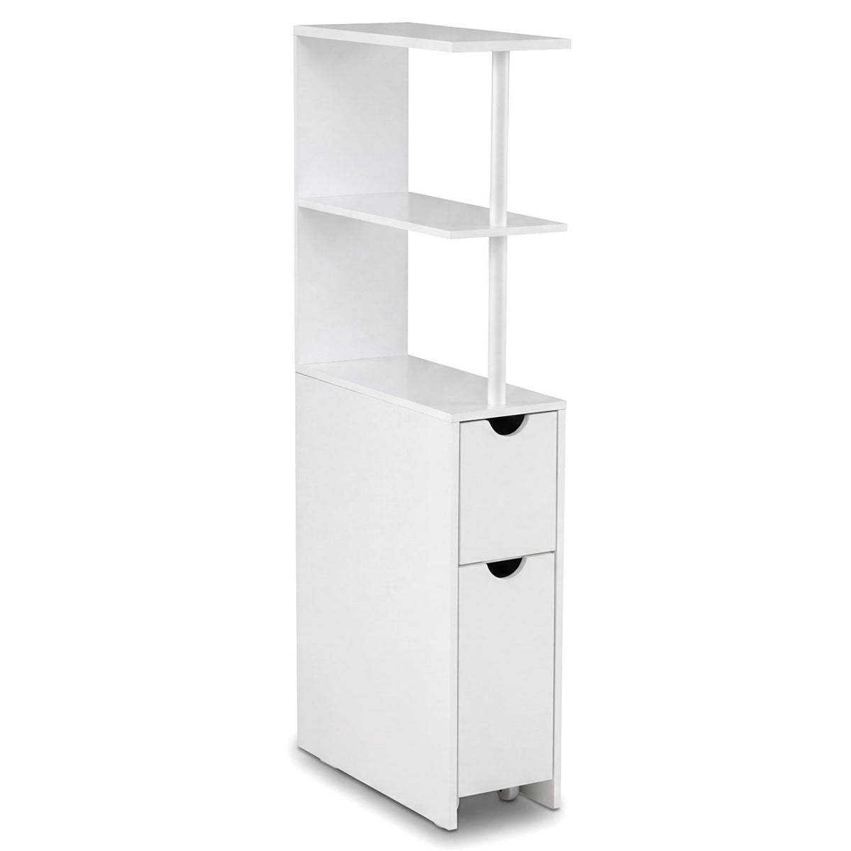Slim Bathroom Storage Cabinet, 45 Inch H, 2 Drawers & Open Shelves, White