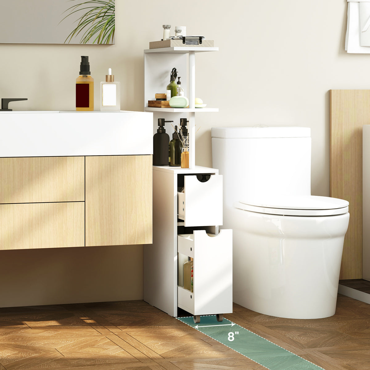 Slim Bathroom Storage Cabinet, 45 Inch H, 2 Drawers & Open Shelves, White