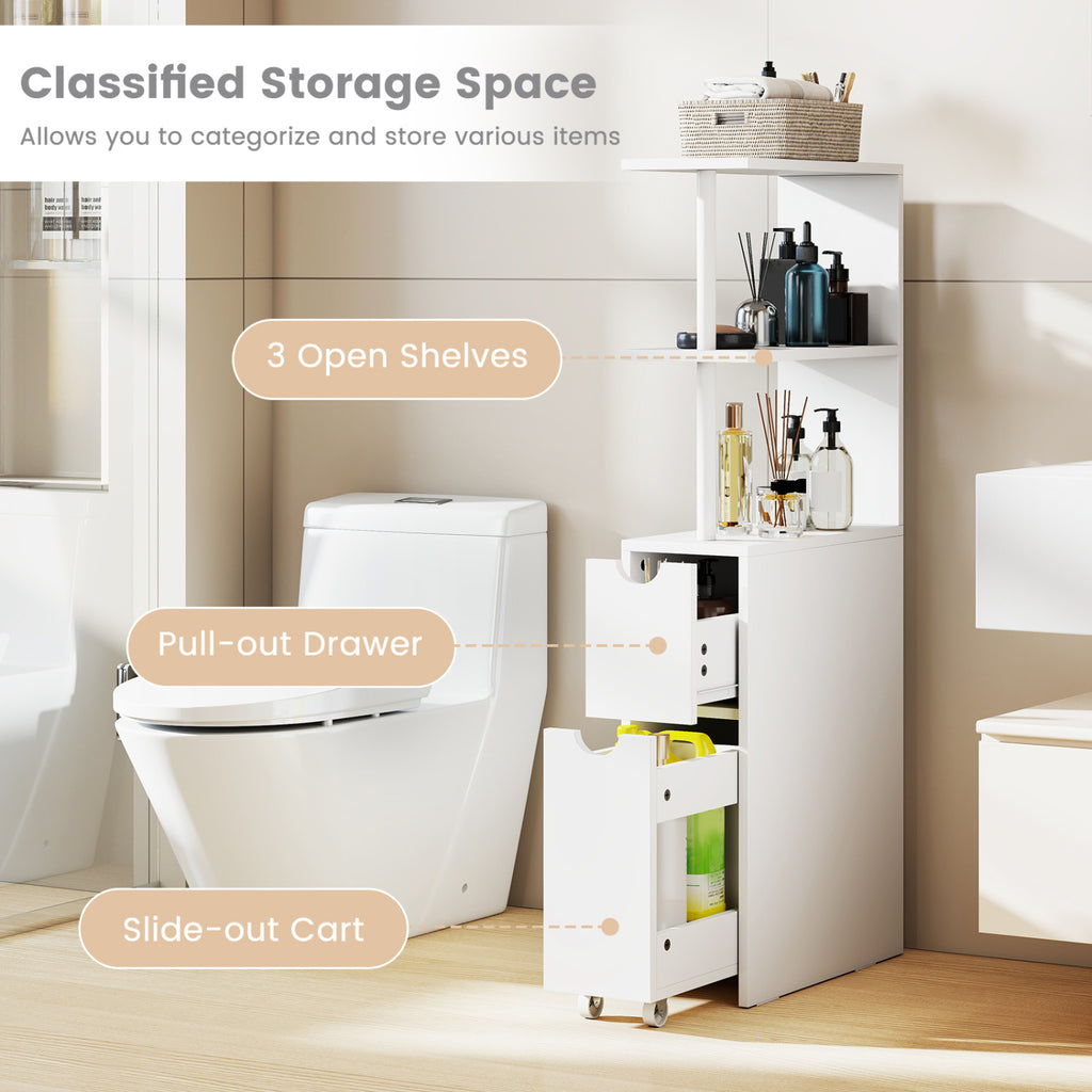 Slim Bathroom Storage Cabinet, 45 Inch H, 2 Drawers & Open Shelves, White
