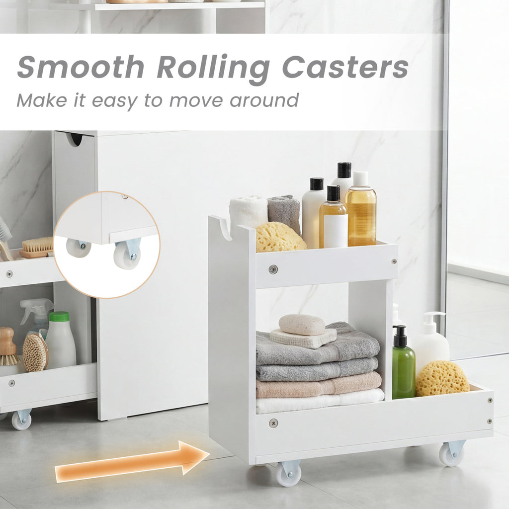 Slim Bathroom Storage Cabinet, 45 Inch H, 2 Drawers & Open Shelves, White