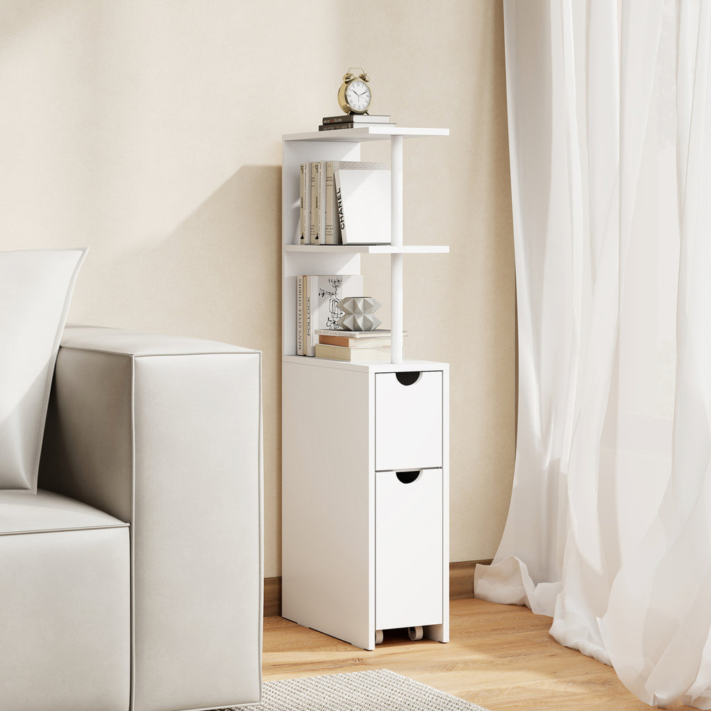 Slim Bathroom Storage Cabinet, 45 Inch H, 2 Drawers & Open Shelves, White