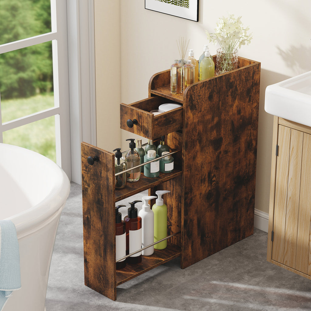 Slim Bathroom Storage Cabinet 4-Tier with Slide-Out Drawer, Brown