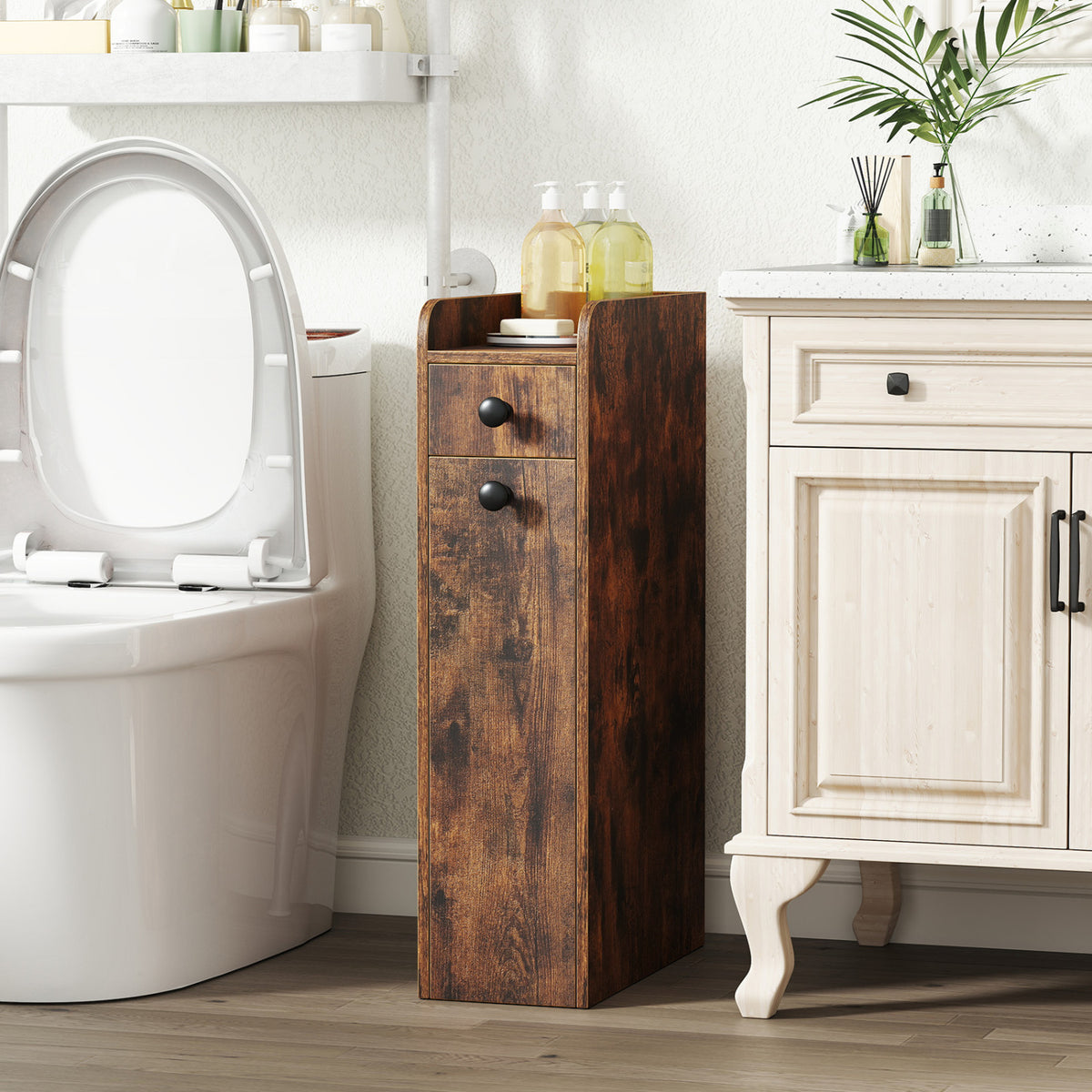 Slim Bathroom Storage Cabinet 4-Tier with Slide-Out Drawer, Brown