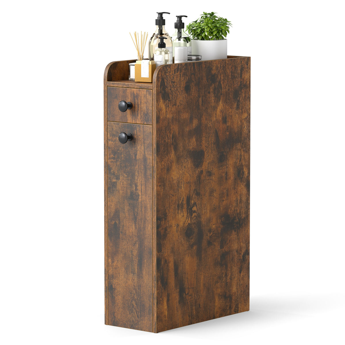 Slim Bathroom Storage Cabinet 4-Tier with Slide-Out Drawer, Brown