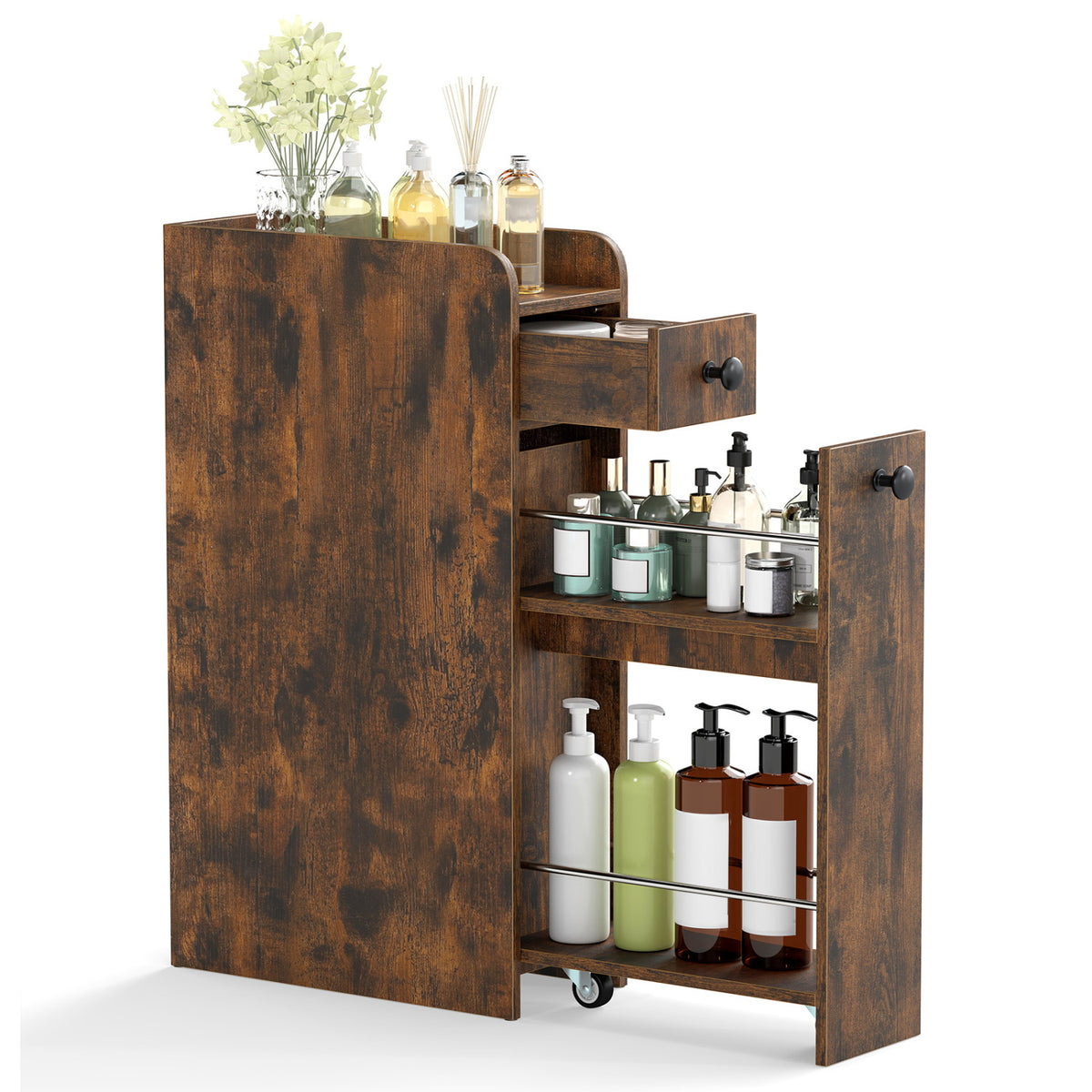 Slim Bathroom Storage Cabinet 4-Tier with Slide-Out Drawer, Brown