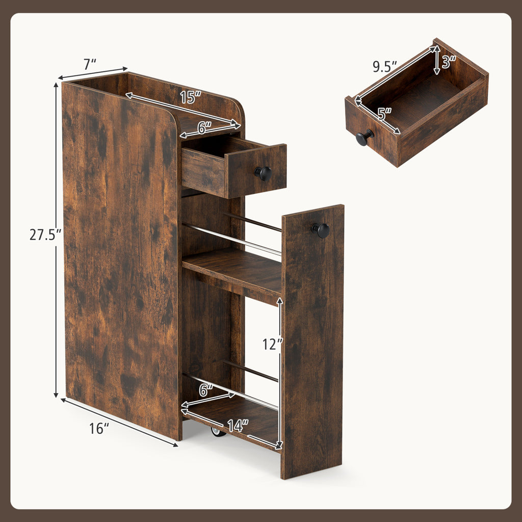 Slim Bathroom Storage Cabinet 4-Tier with Slide-Out Drawer, Brown