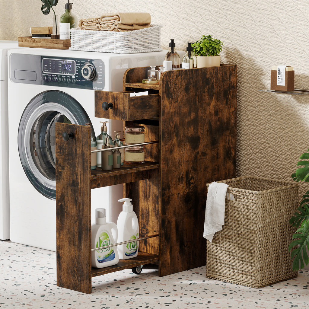 Slim Bathroom Storage Cabinet 4-Tier with Slide-Out Drawer, Brown