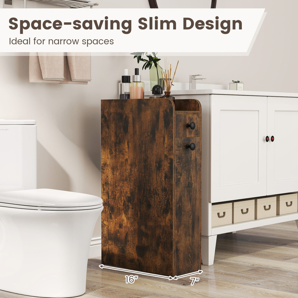 Slim Bathroom Storage Cabinet 4-Tier with Slide-Out Drawer, Brown