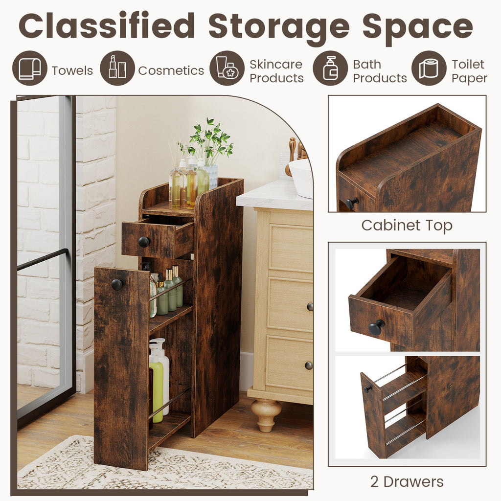 Slim Bathroom Storage Cabinet 4-Tier with Slide-Out Drawer, Brown
