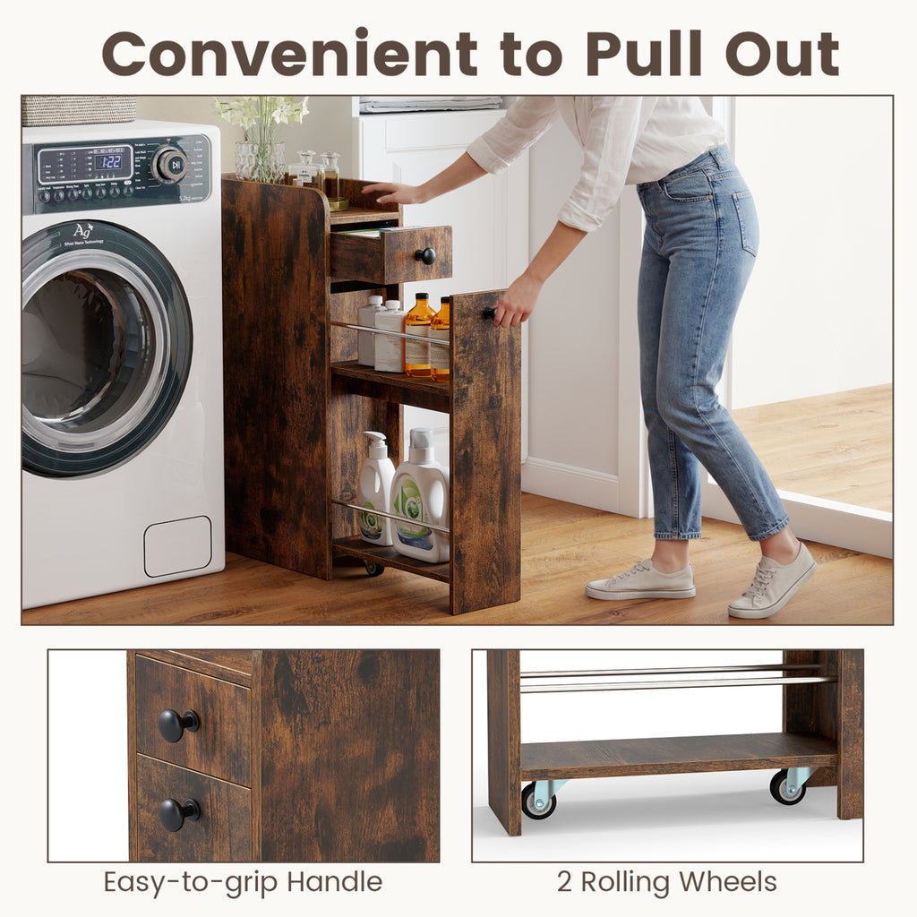 Slim Bathroom Storage Cabinet 4-Tier with Slide-Out Drawer, Brown