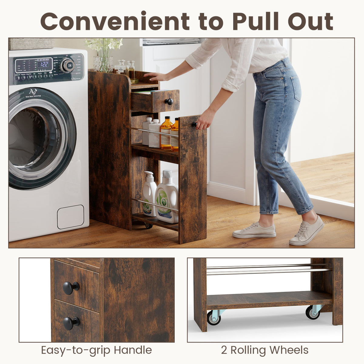 Slim Bathroom Storage Cabinet 4-Tier with Slide-Out Drawer, Brown