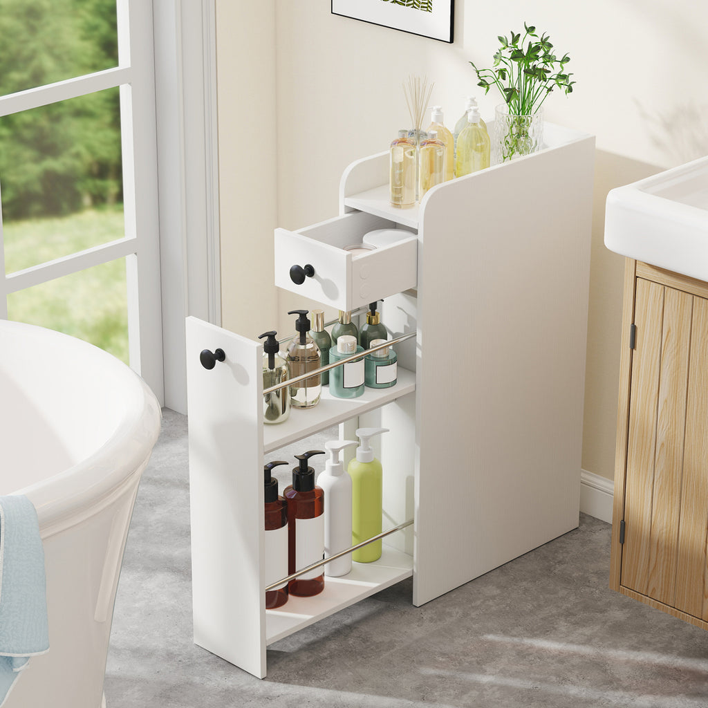 Slim Bathroom Storage Cabinet 4-Tier with Slide-Out Drawer, Brown
