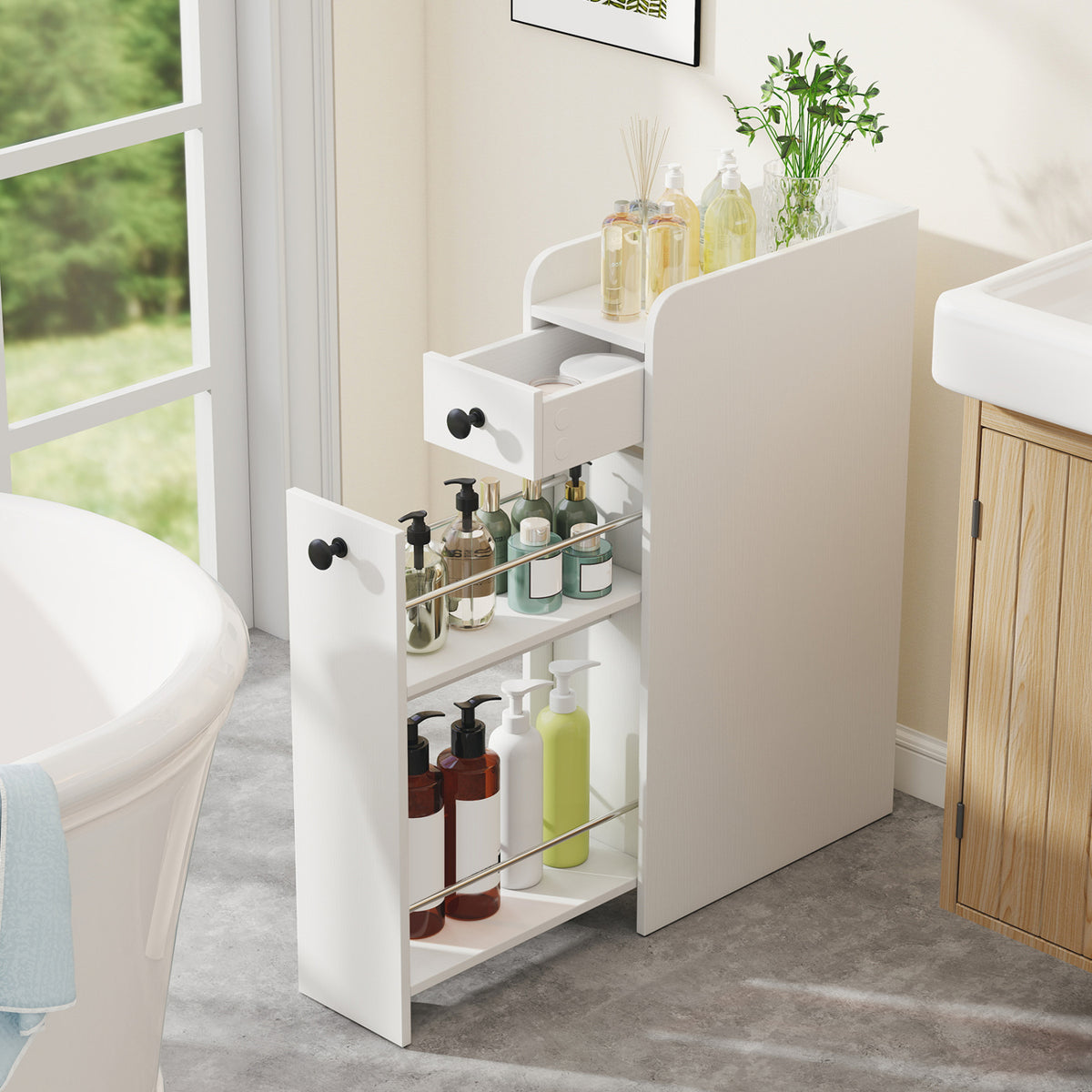 Small Bathroom Storage Cabinet 4-Tier with Slide Out Drawers on
