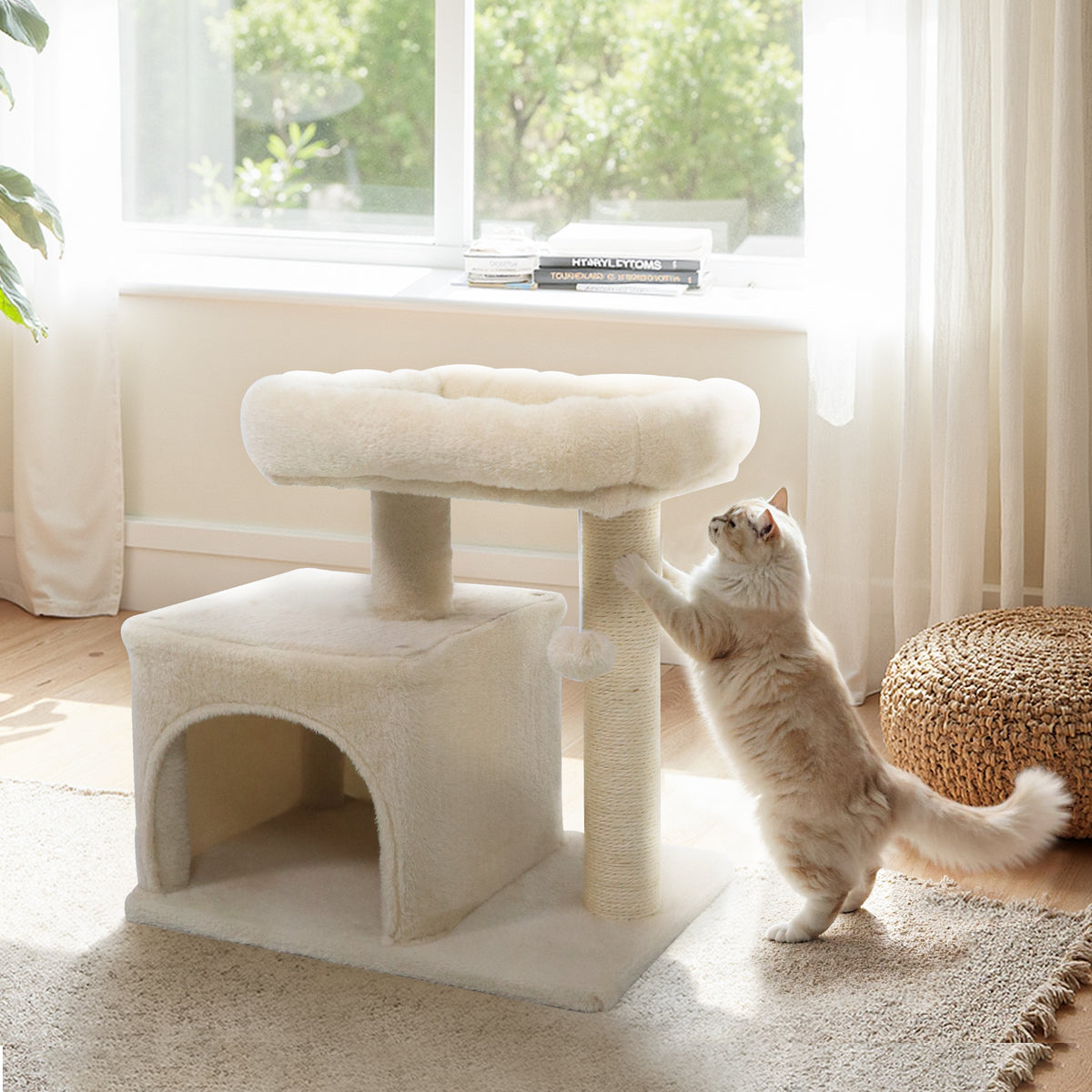 Small Cat Tree with Large Padded Plush Perch - Beige, Indoor Cat Furniture