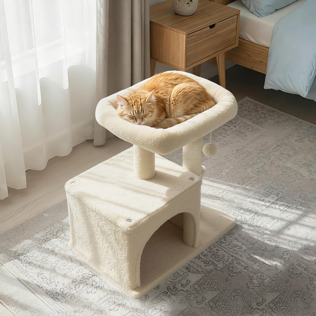 Small Cat Tree with Large Padded Plush Perch - Beige, Indoor Cat Furniture