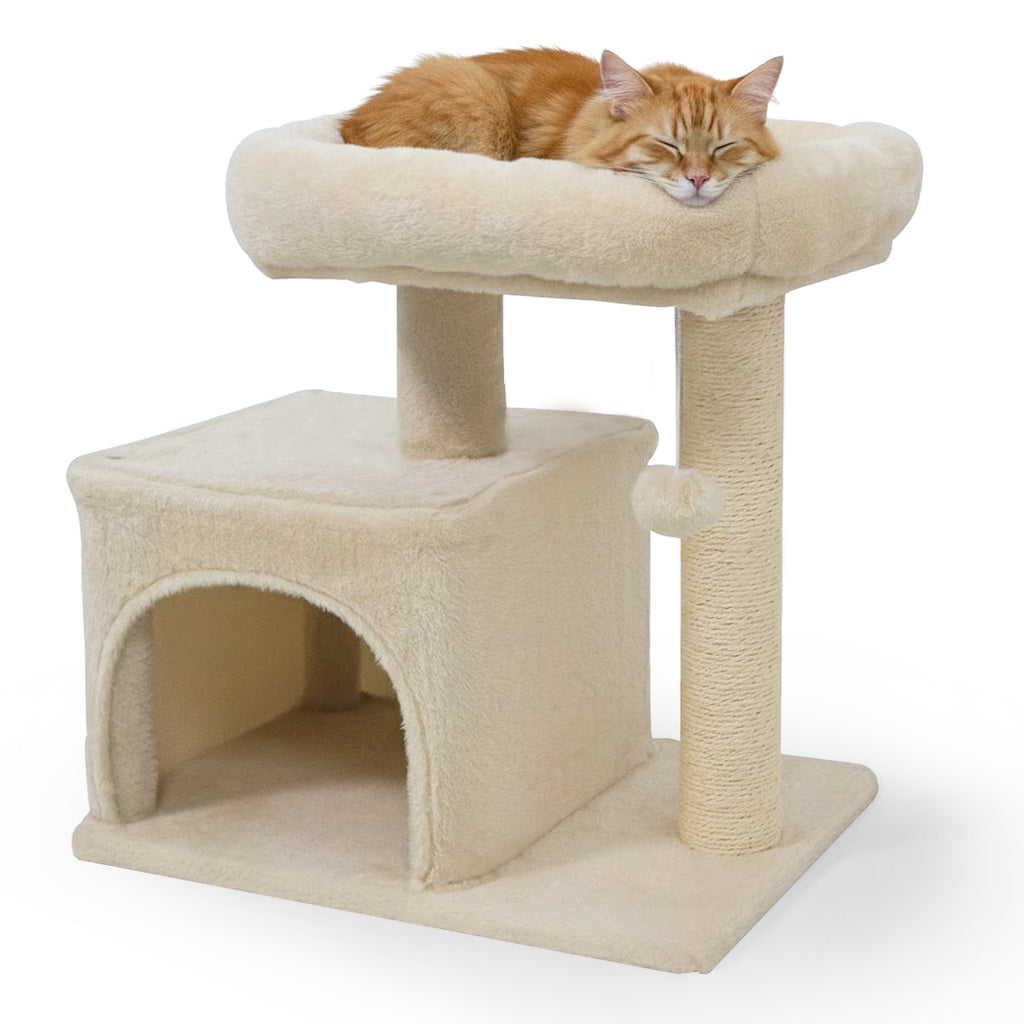 Small Cat Tree with Large Padded Plush Perch - Beige, Indoor Cat Furniture