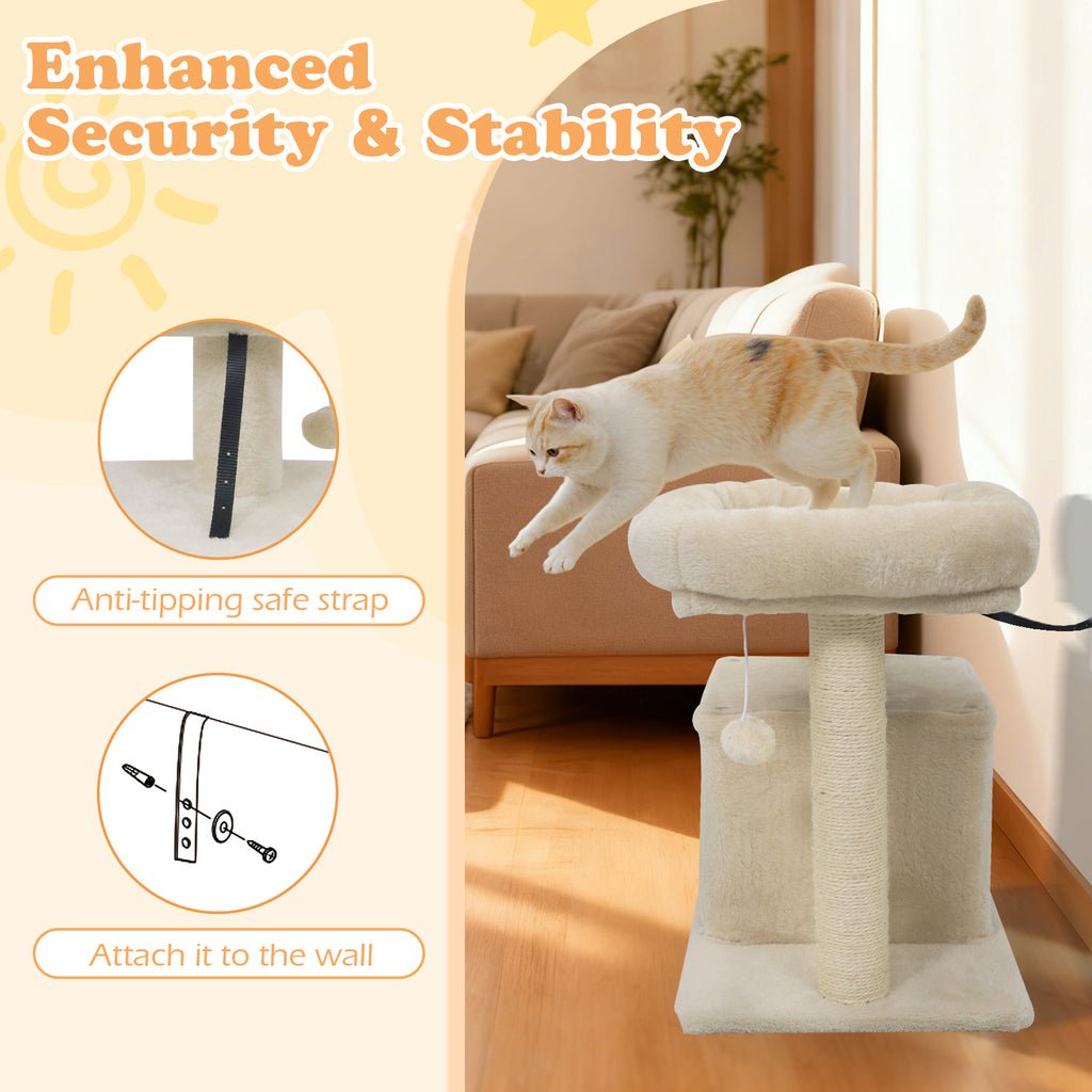 Small Cat Tree with Large Padded Plush Perch - Beige, Indoor Cat Furniture