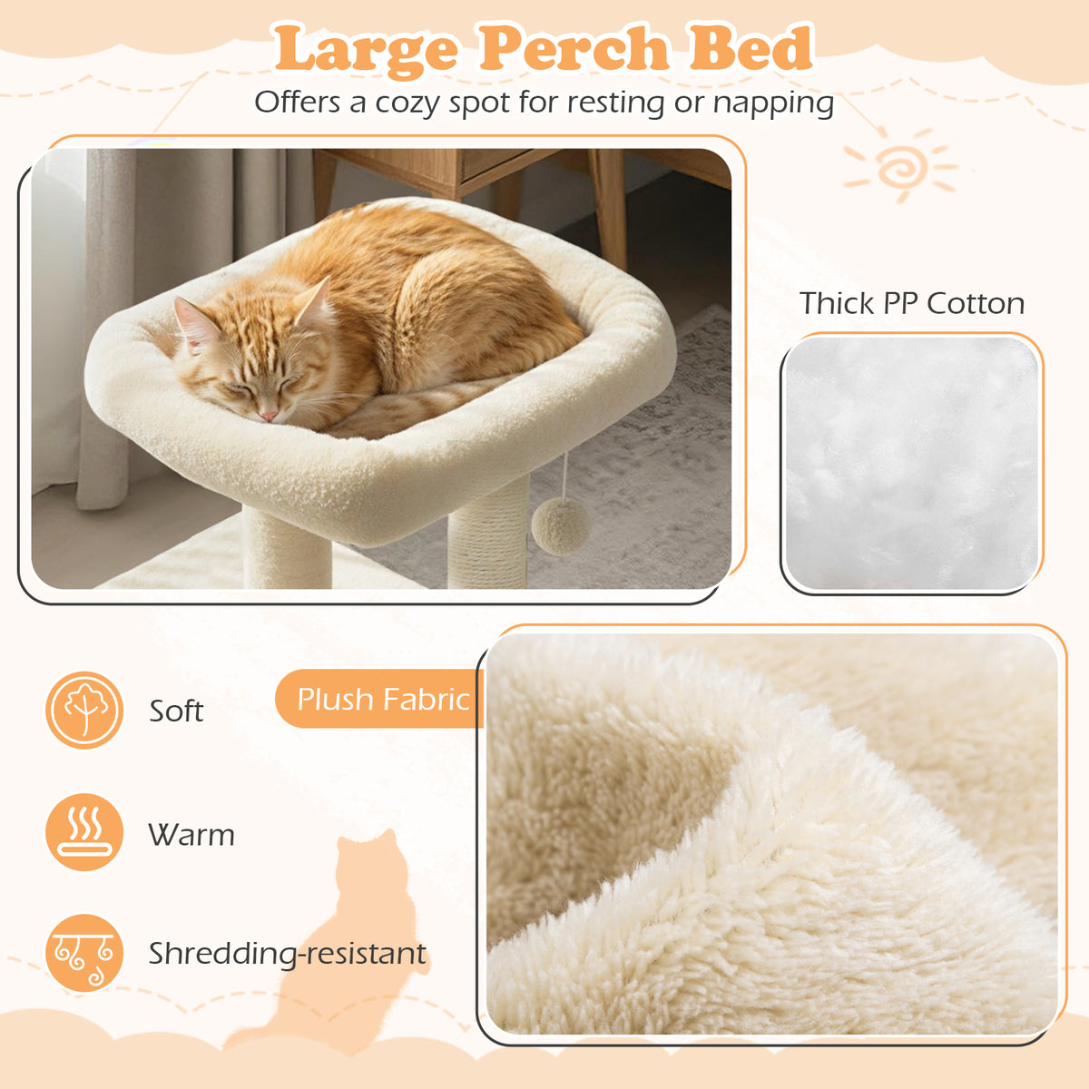 Small Cat Tree with Large Padded Plush Perch - Beige, Indoor Cat Furniture