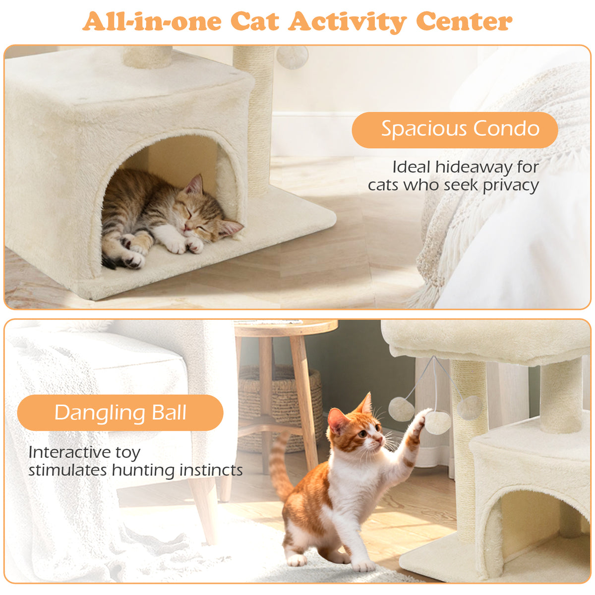 Small Cat Tree with Large Padded Plush Perch - Beige, Indoor Cat Furniture