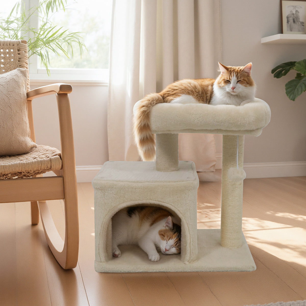 Small Cat Tree with Large Padded Plush Perch - Beige, Indoor Cat Furniture