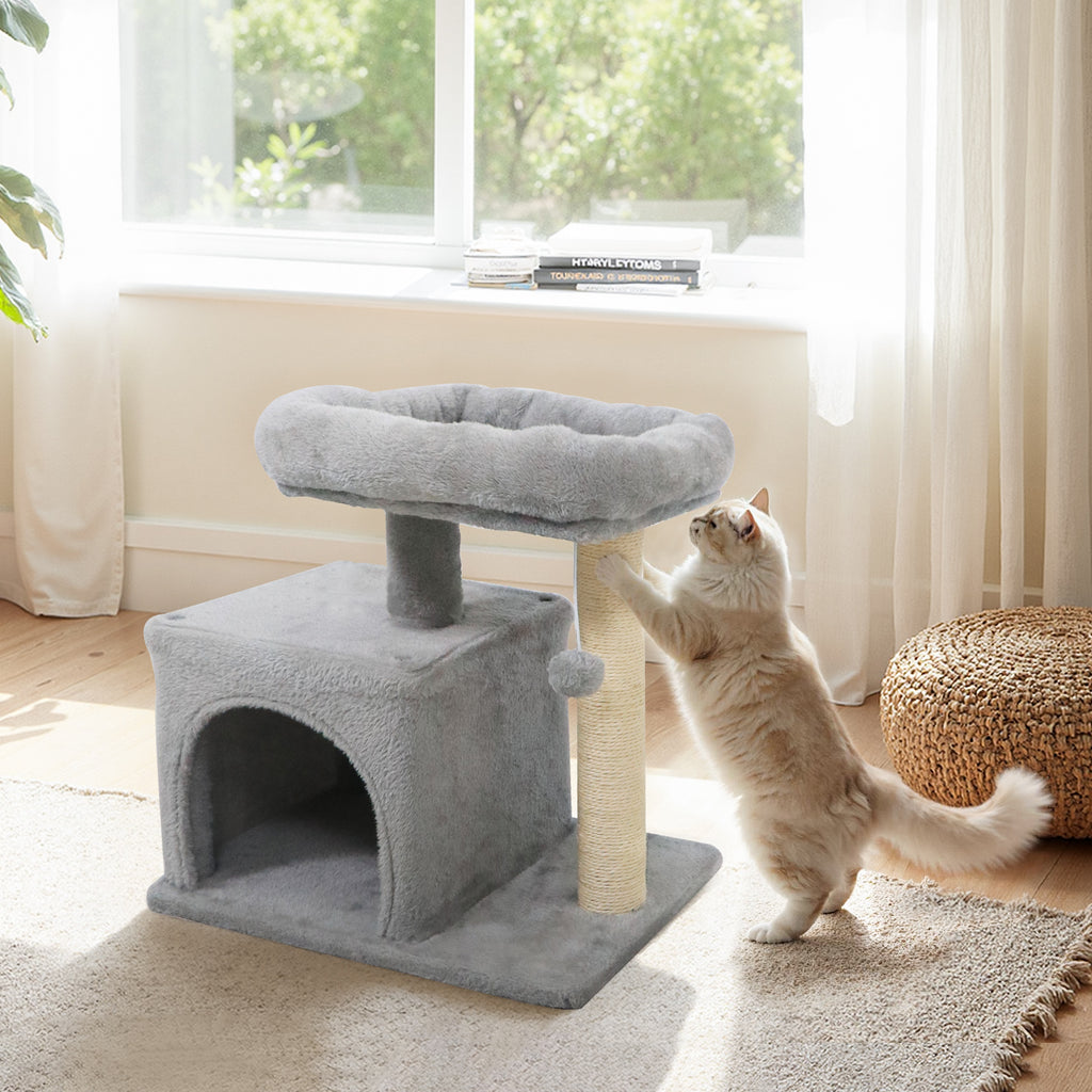 Small Cat Tree with Large Padded Plush Perch - Light Gray