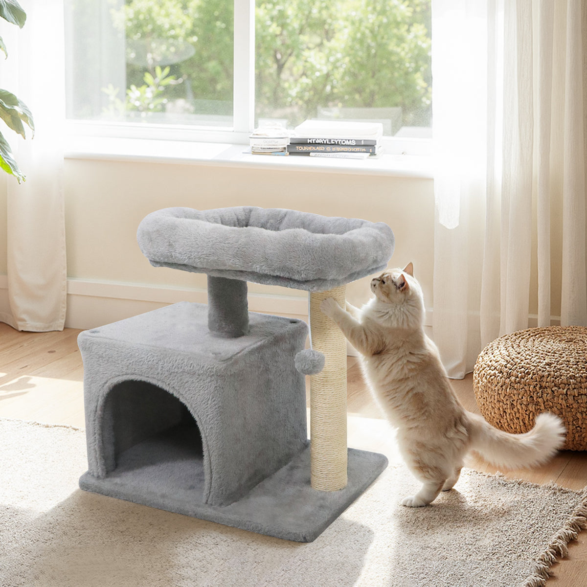 Small Cat Tree with Large Padded Plush Perch - Light Gray