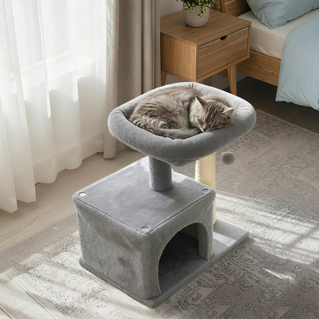 Small Cat Tree with Large Padded Plush Perch - Light Gray