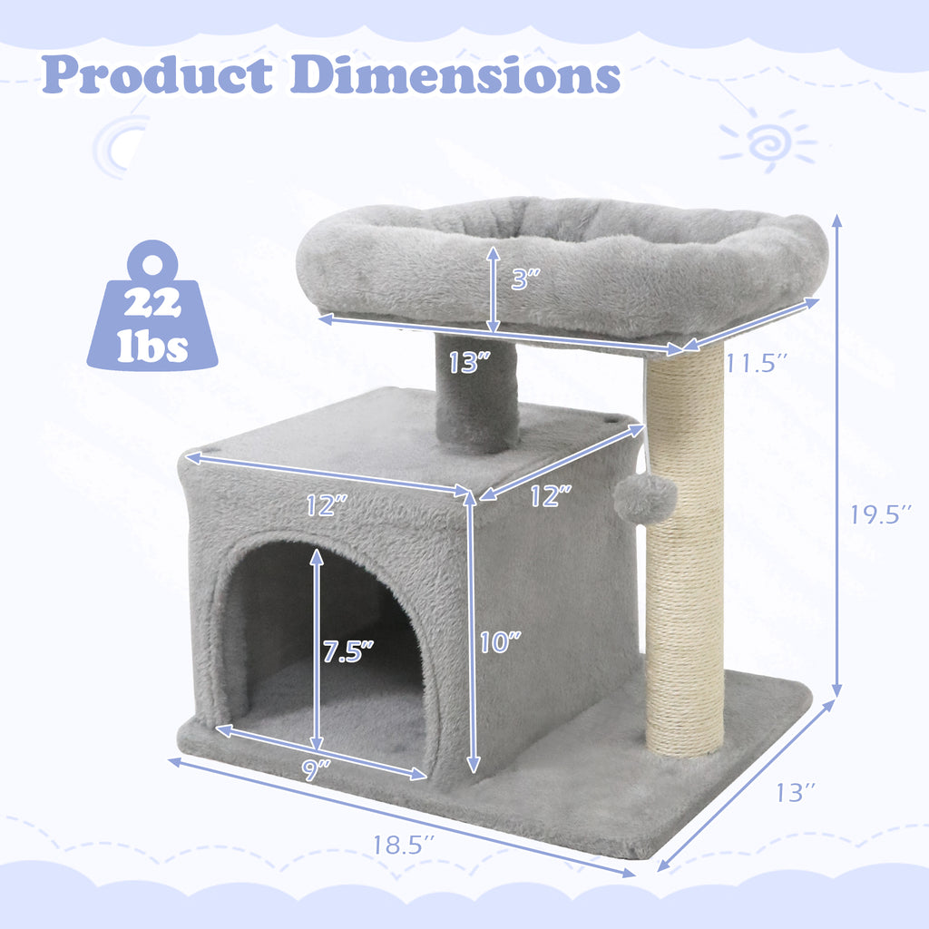 Small Cat Tree with Large Padded Plush Perch - Light Gray