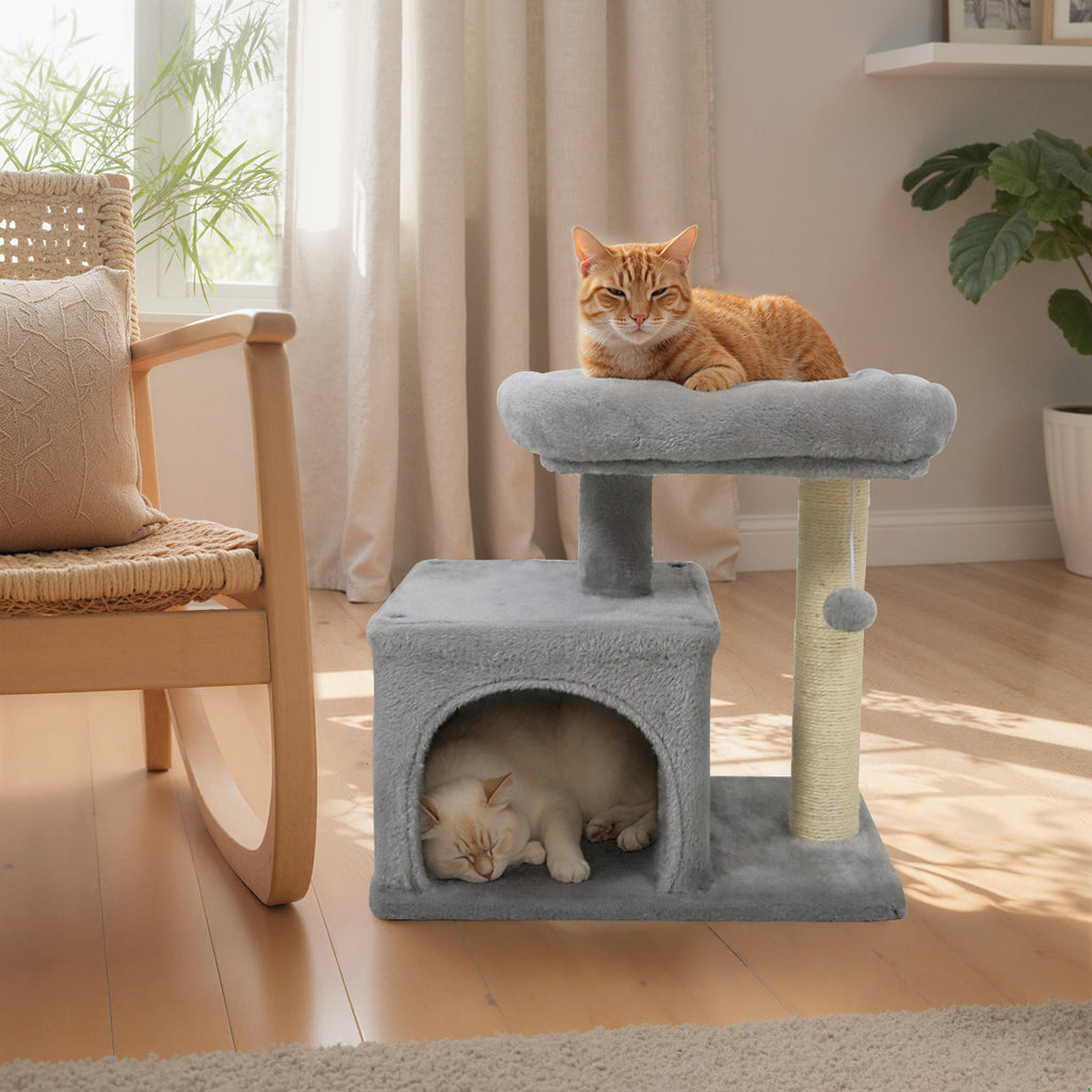 Small Cat Tree with Large Padded Plush Perch - Light Gray