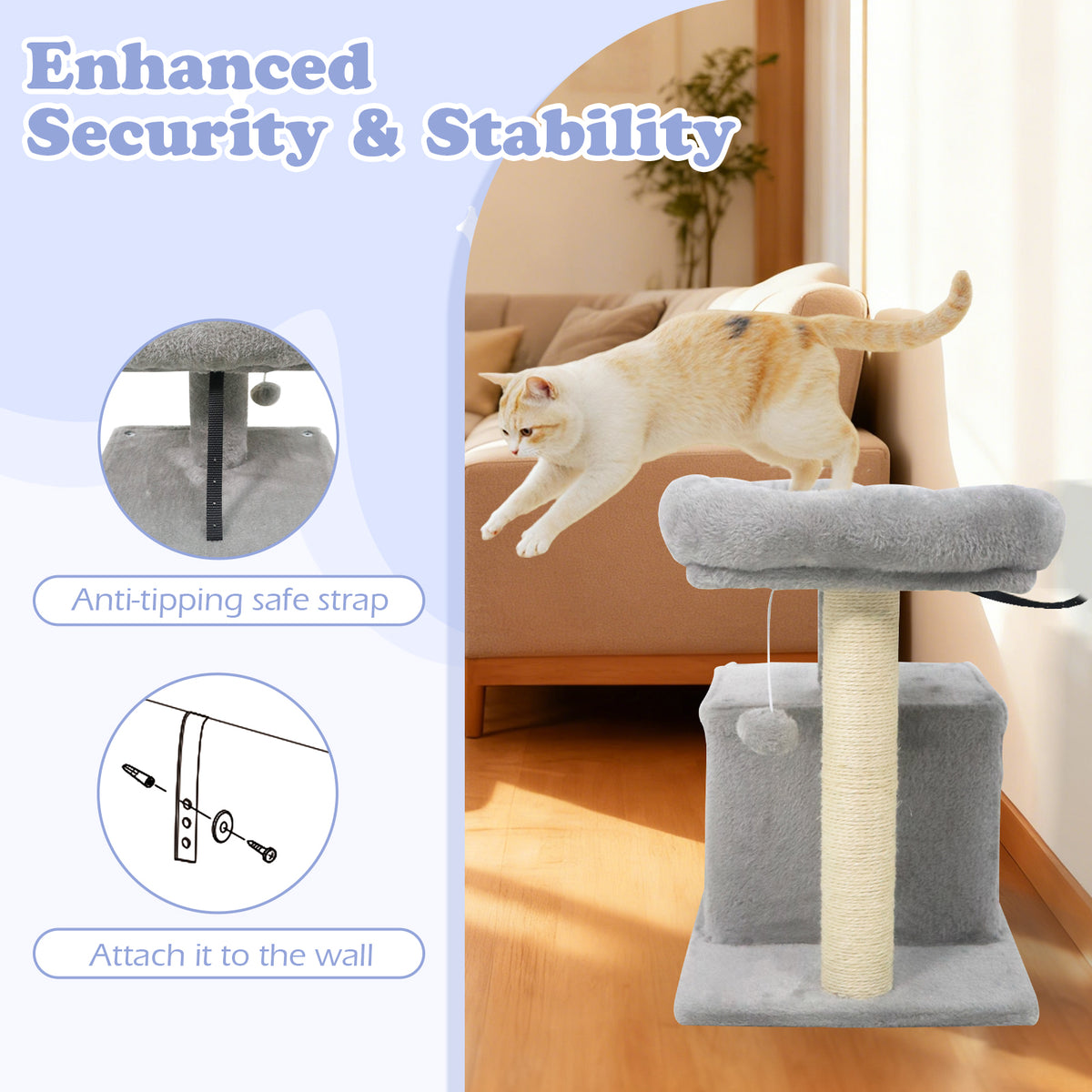 Small Cat Tree with Large Padded Plush Perch - Light Gray
