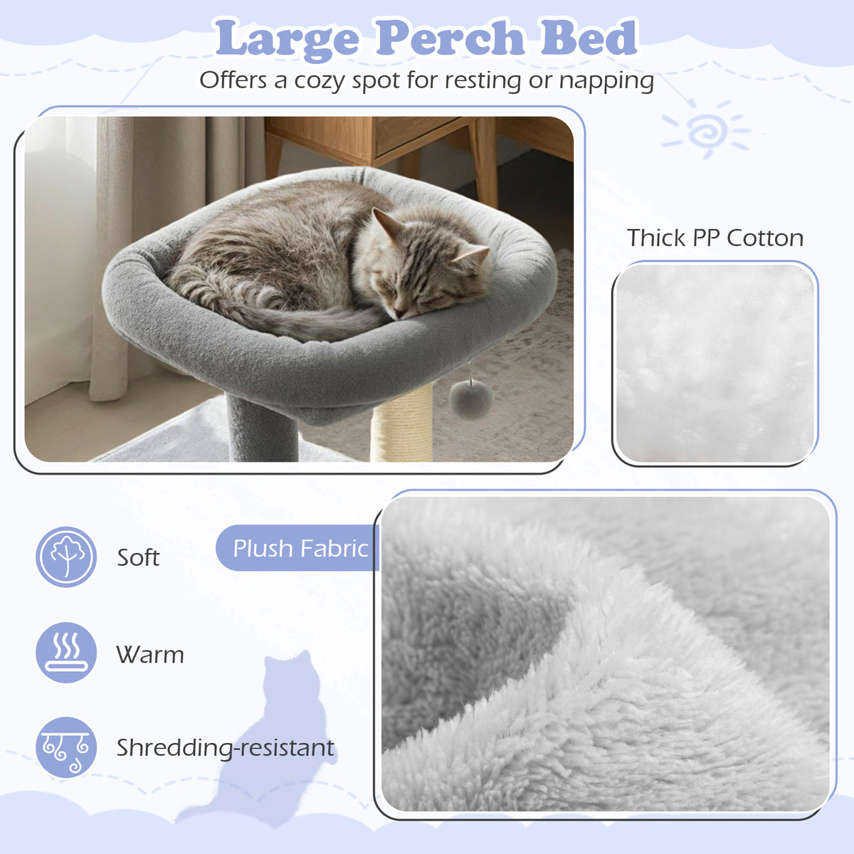 Small Cat Tree with Large Padded Plush Perch - Light Gray