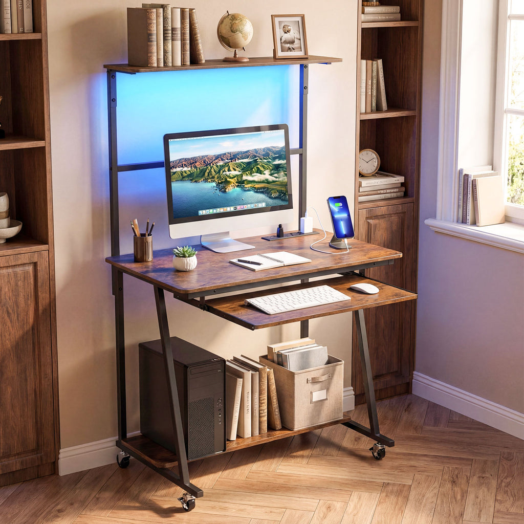 Small Computer Desk with Charging Station & LED Lights - Rustic Brown