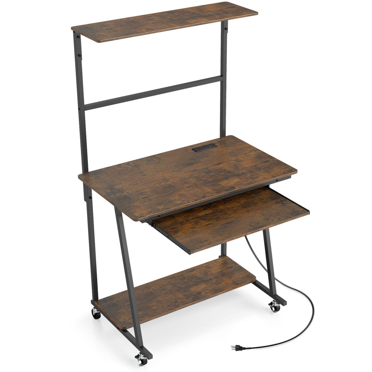 Small Computer Desk with Charging Station & LED Lights - Rustic Brown