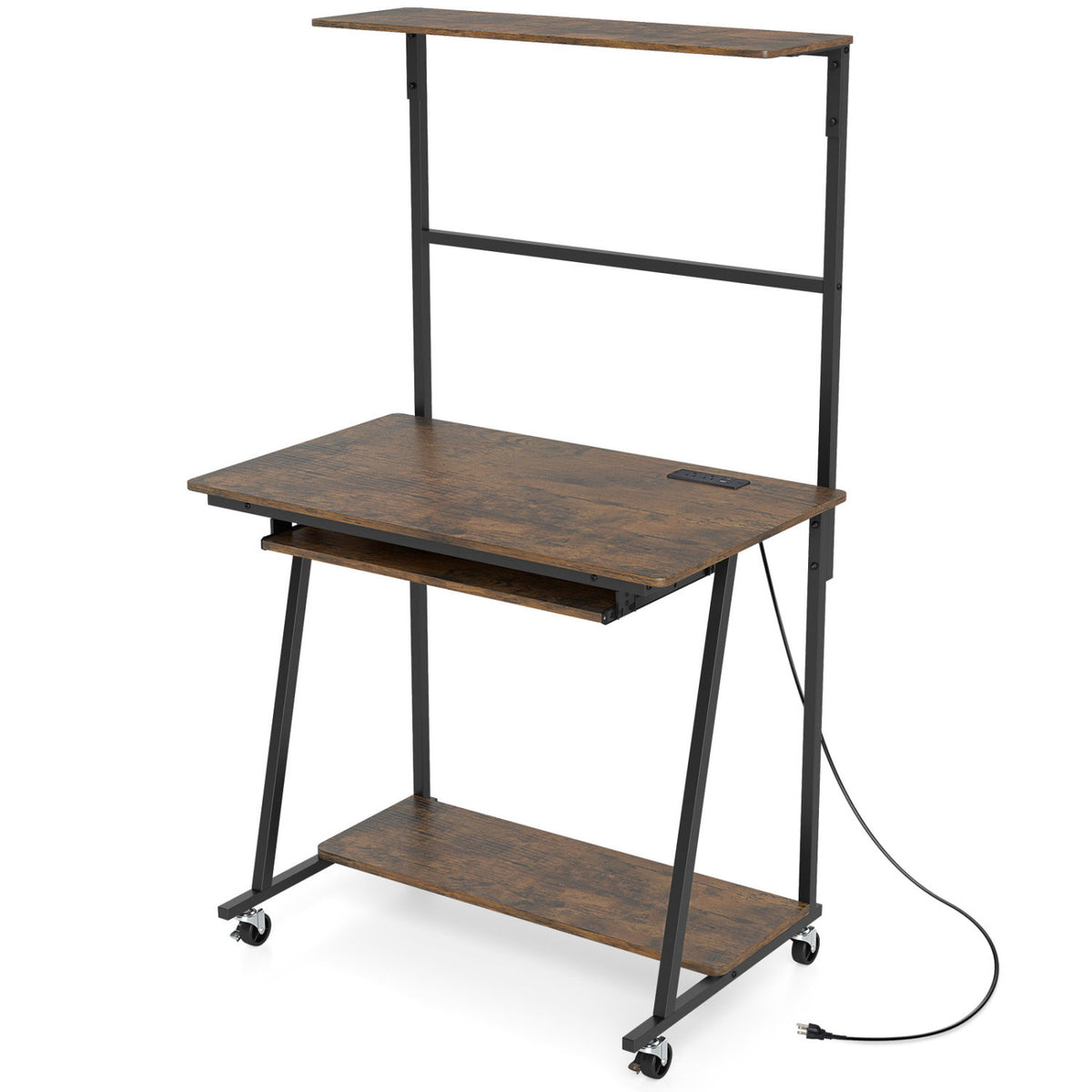 Small Computer Desk with Charging Station & LED Lights - Rustic Brown