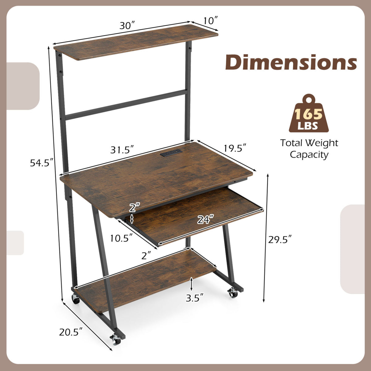 Small Computer Desk with Charging Station & LED Lights - Rustic Brown