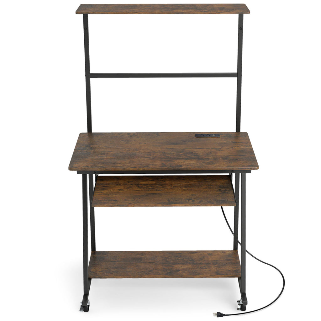 Small Computer Desk with Charging Station & LED Lights - Rustic Brown