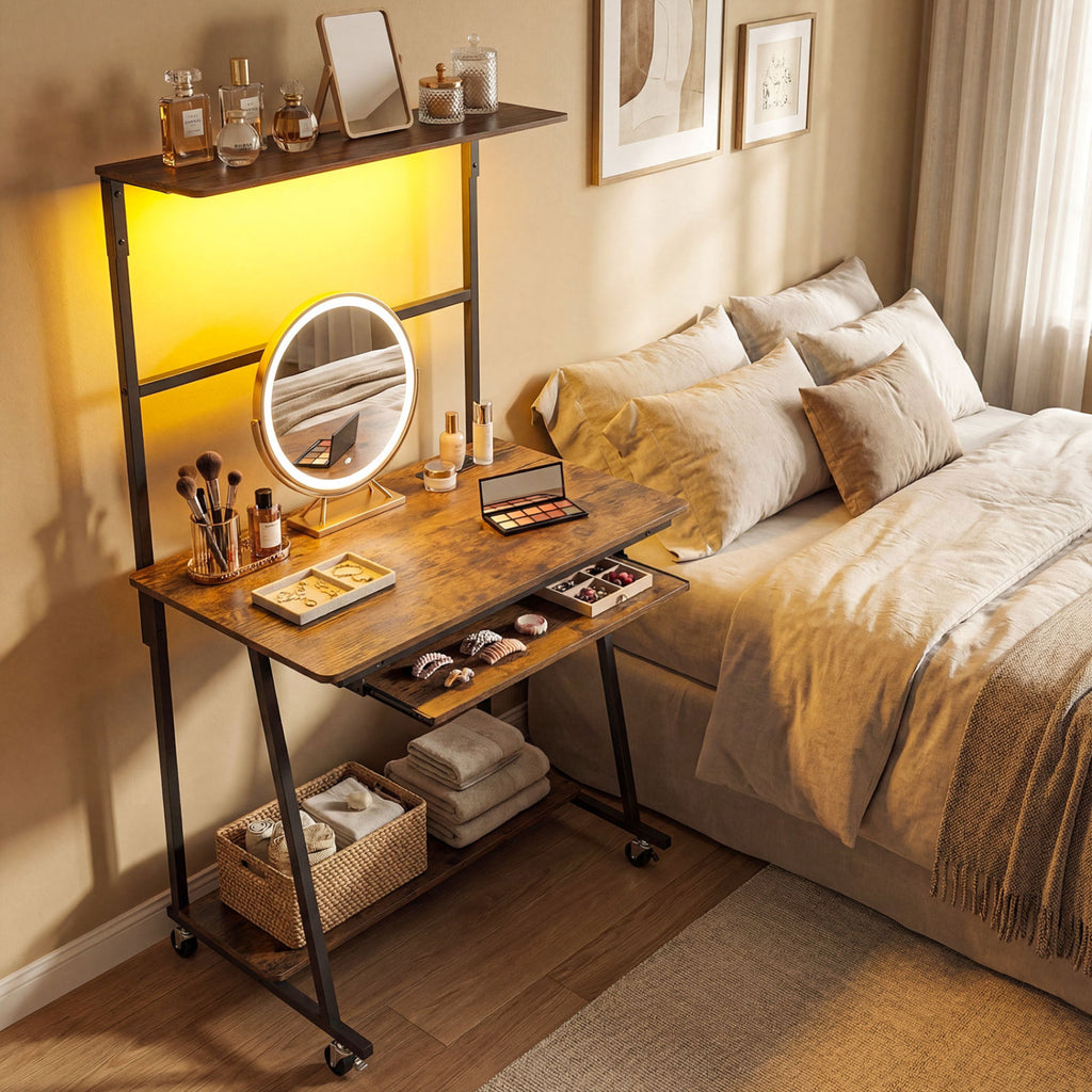Small Computer Desk with Charging Station & LED Lights - Rustic Brown