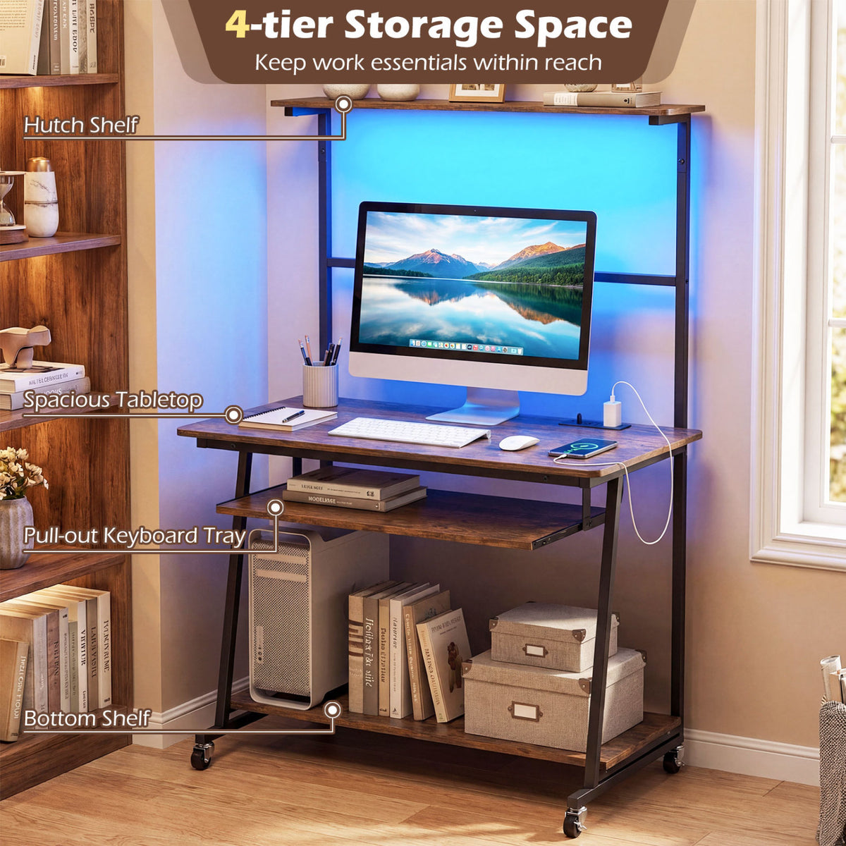 Small Computer Desk with Charging Station & LED Lights - Rustic Brown