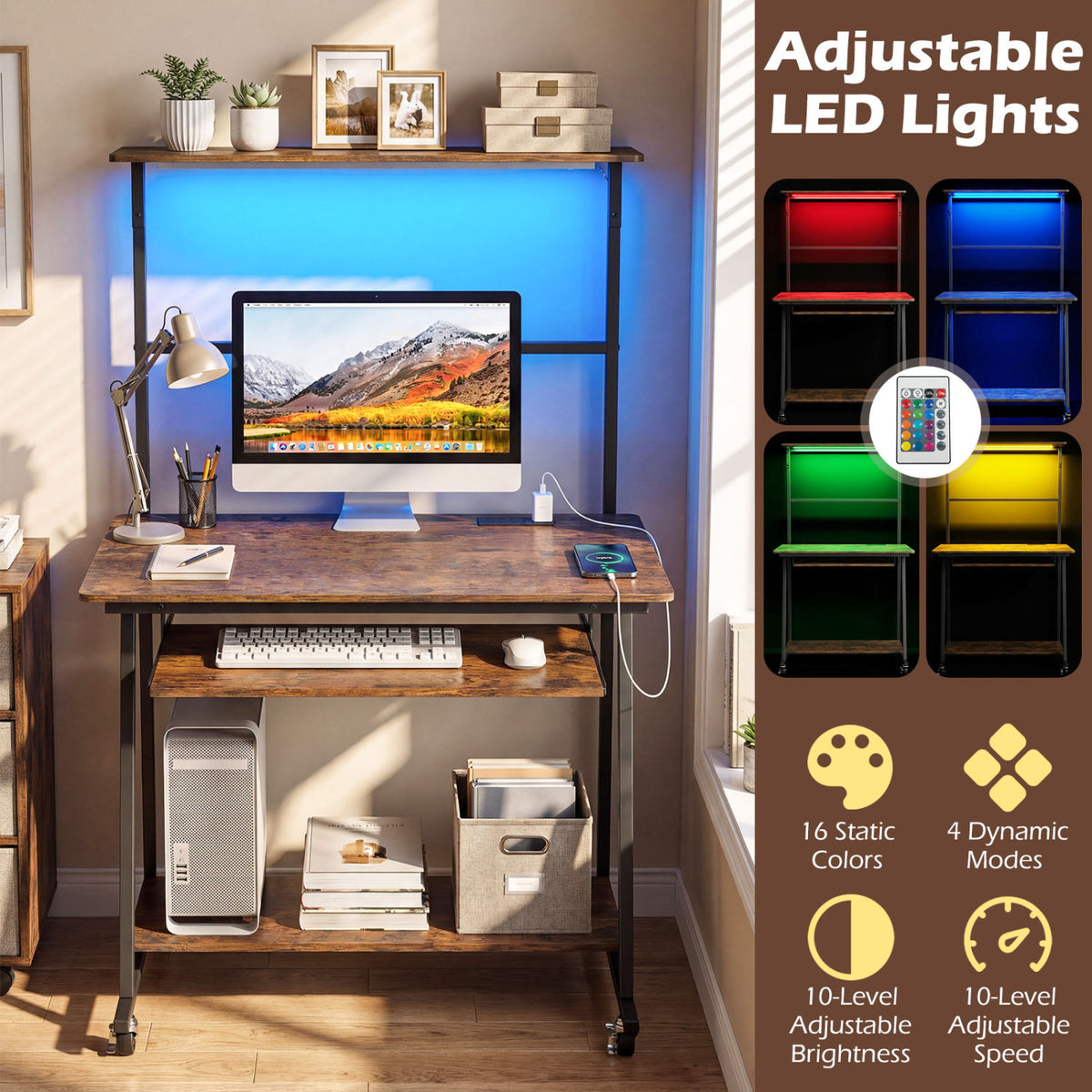 Small Computer Desk with Charging Station & LED Lights - Rustic Brown