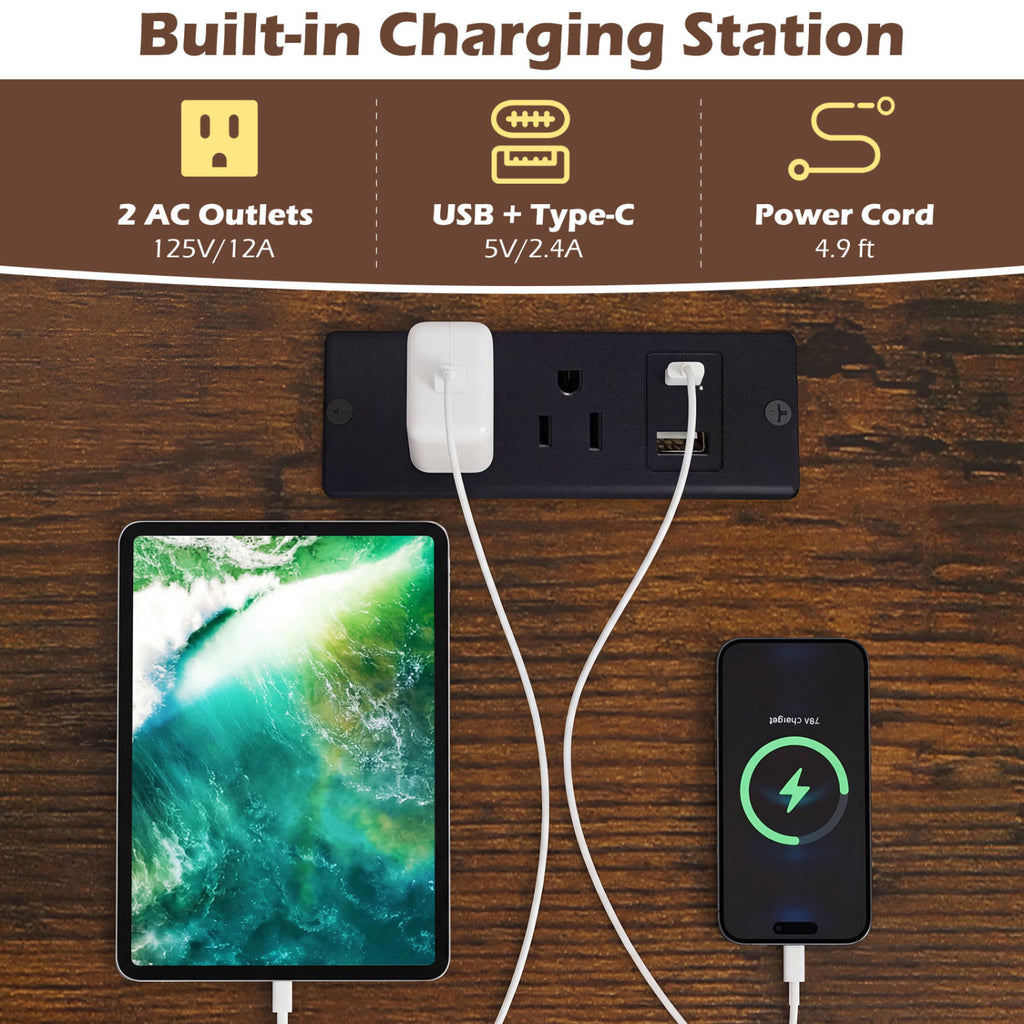 Small Computer Desk with Charging Station & LED Lights - Rustic Brown