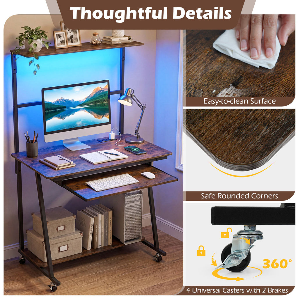 Small Computer Desk with Charging Station & LED Lights - Rustic Brown