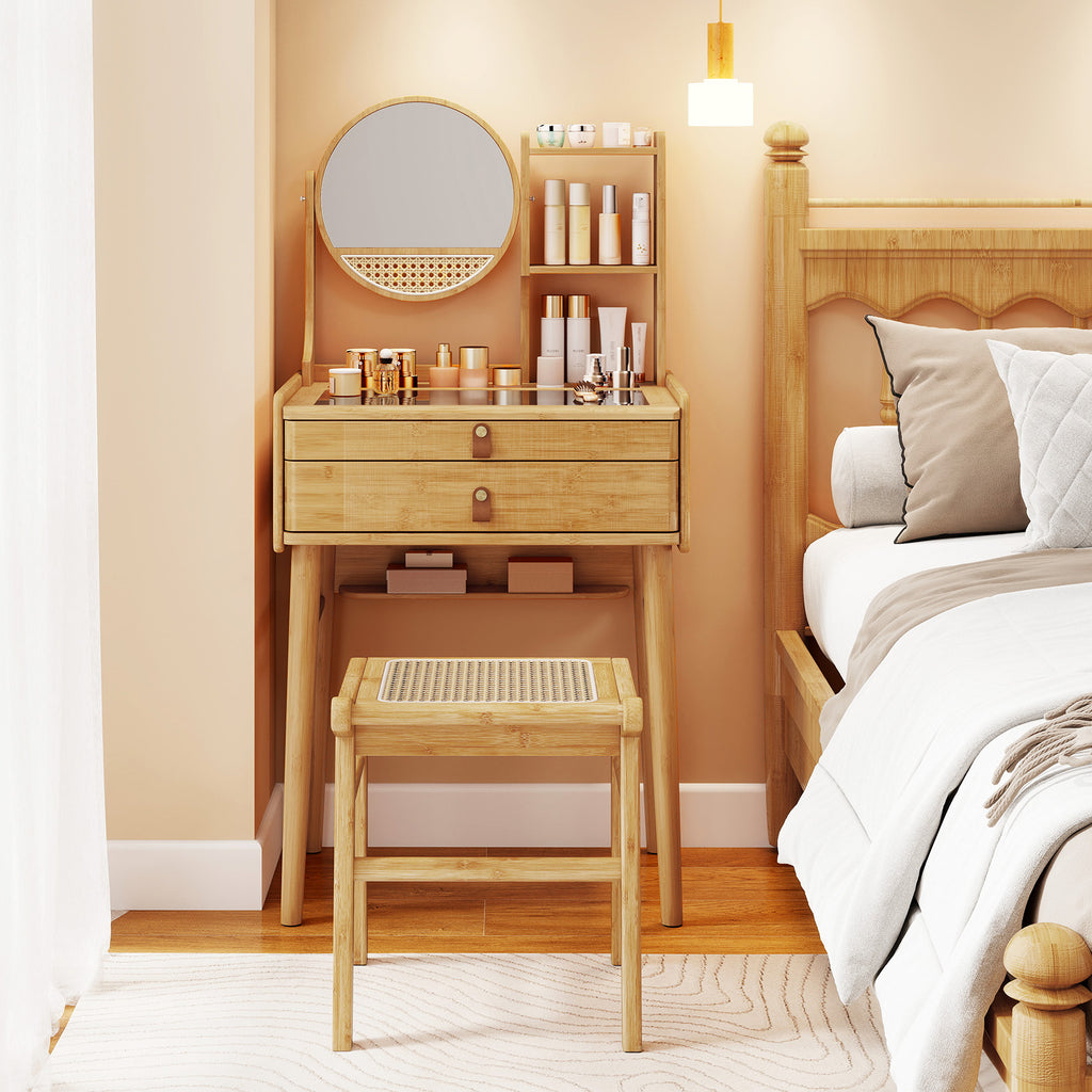 Small Vanity Desk with Mirror and 2 Drawers, Bamboo