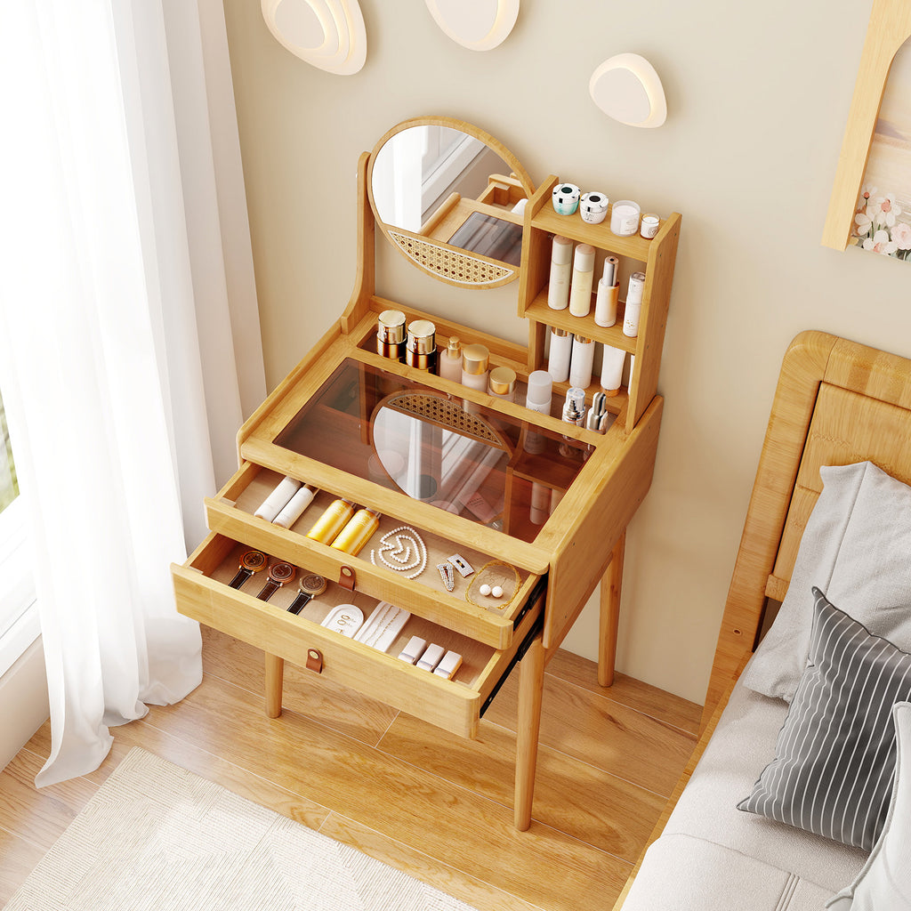 Small Vanity Desk with Mirror and 2 Drawers, Bamboo