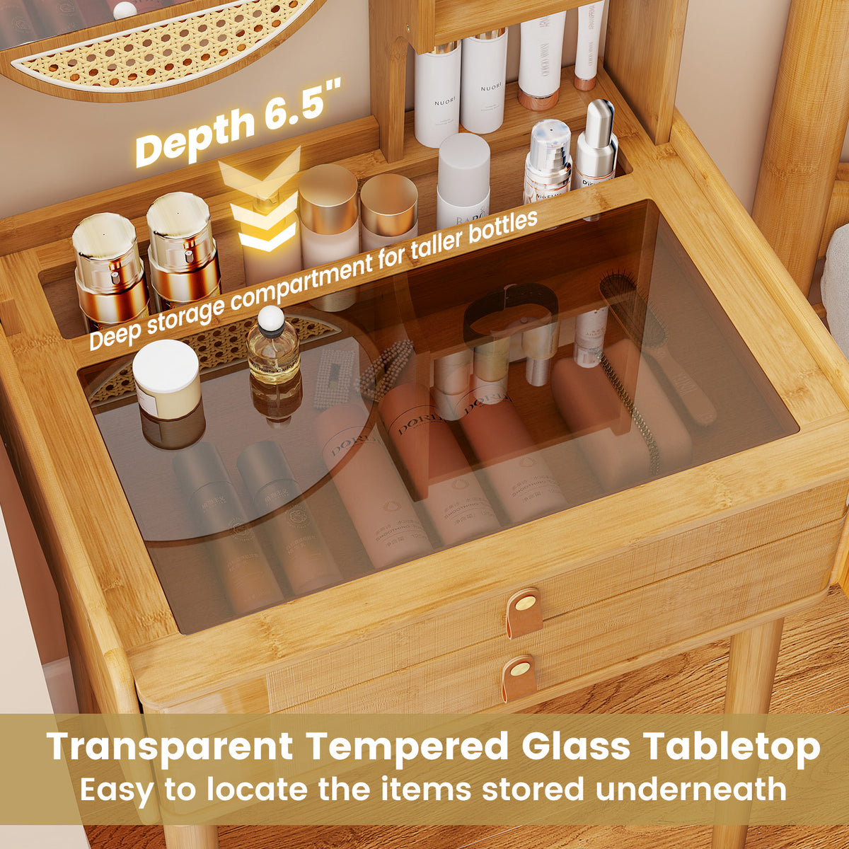 Small Vanity Desk with Mirror and 2 Drawers, Bamboo