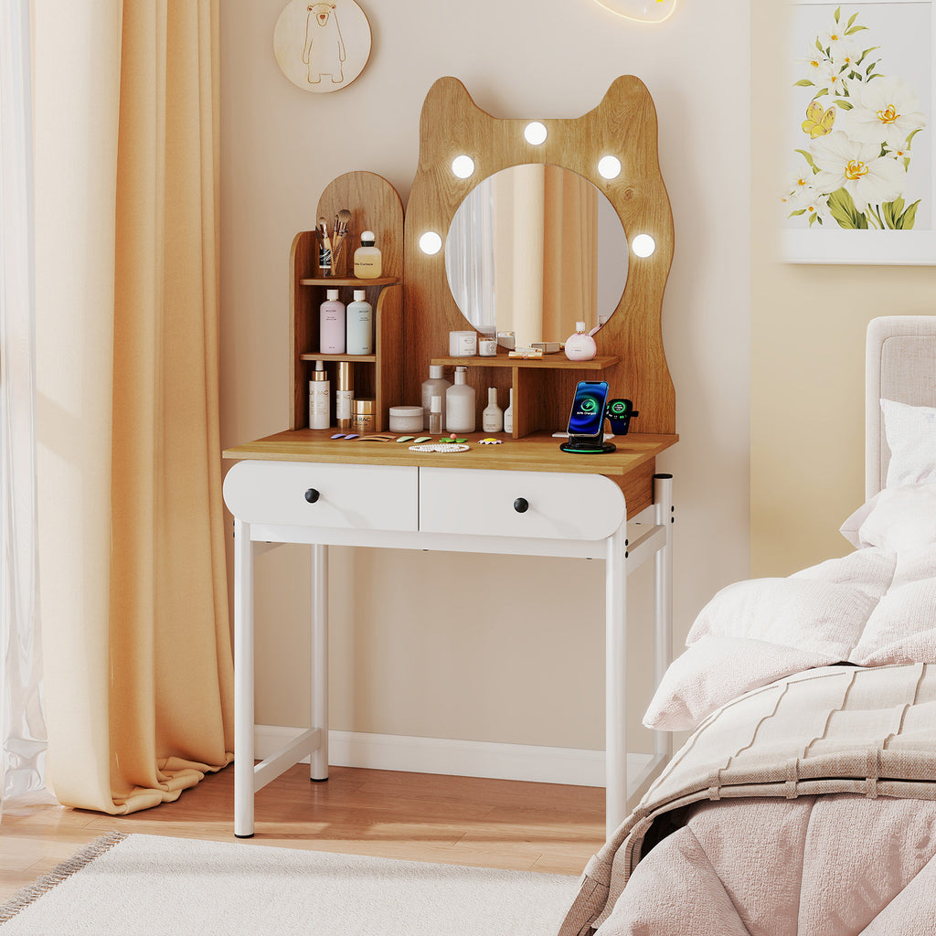 Small Vanity Desk with Mirror and Lights - Natural